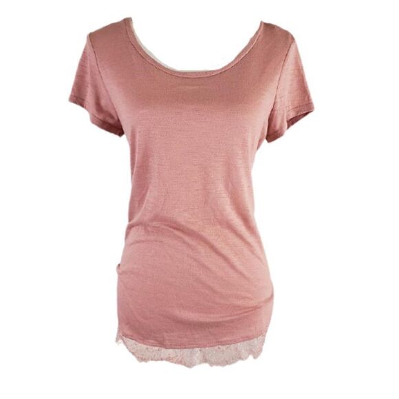 LC Lauren Conrad Blush Lace-Trim Scoop Neck Tee with Back Bow Size Small - Picture 2 of 11
